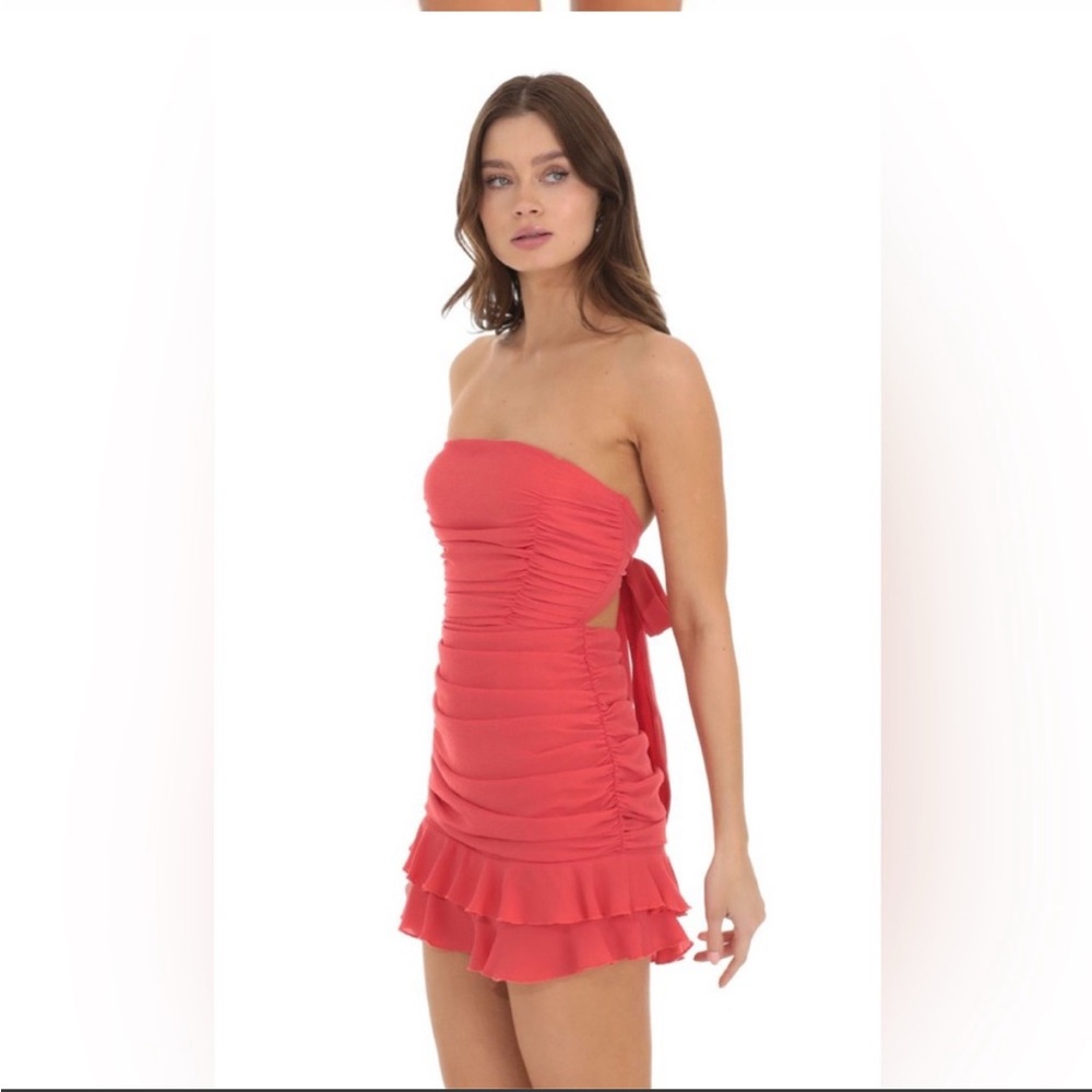 LUCY IN THE SKY Crepe Ruched Bodycon Mini Dress in Red Coral Size Medium M